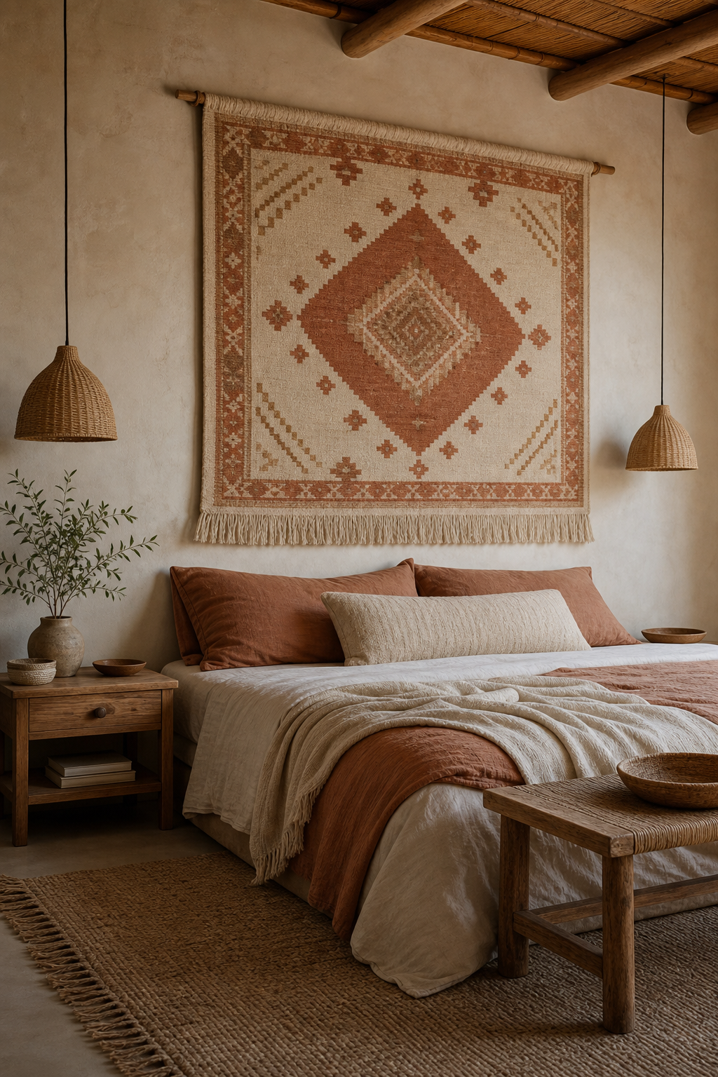 Boho bedroom with a large woven textile wall hanging above the bed