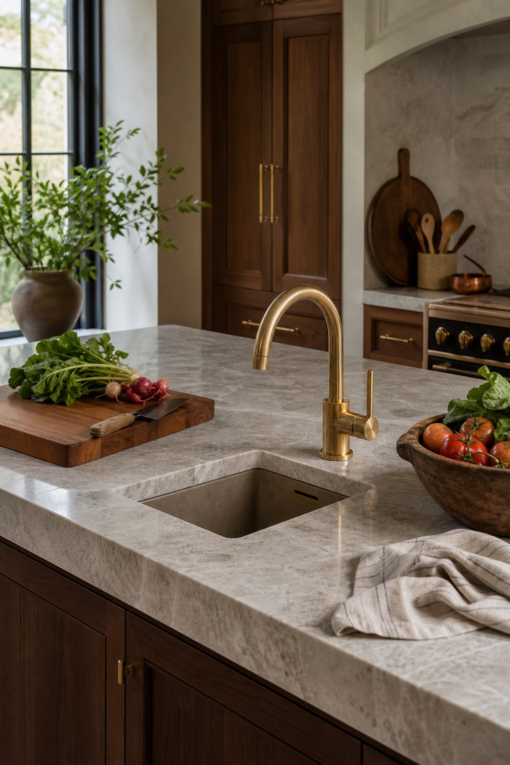 Kitchen island prep sink with brass faucet and cutting board
