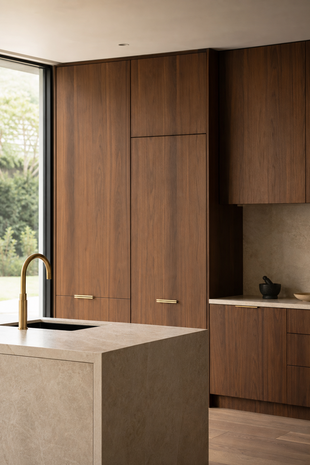 Modern kitchen with integrated walnut appliance panels and concealed storage