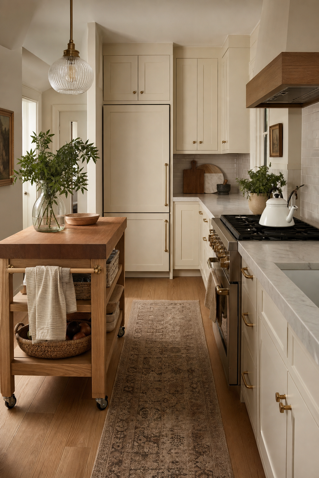 Small kitchen with a narrow rolling island for flexible prep space