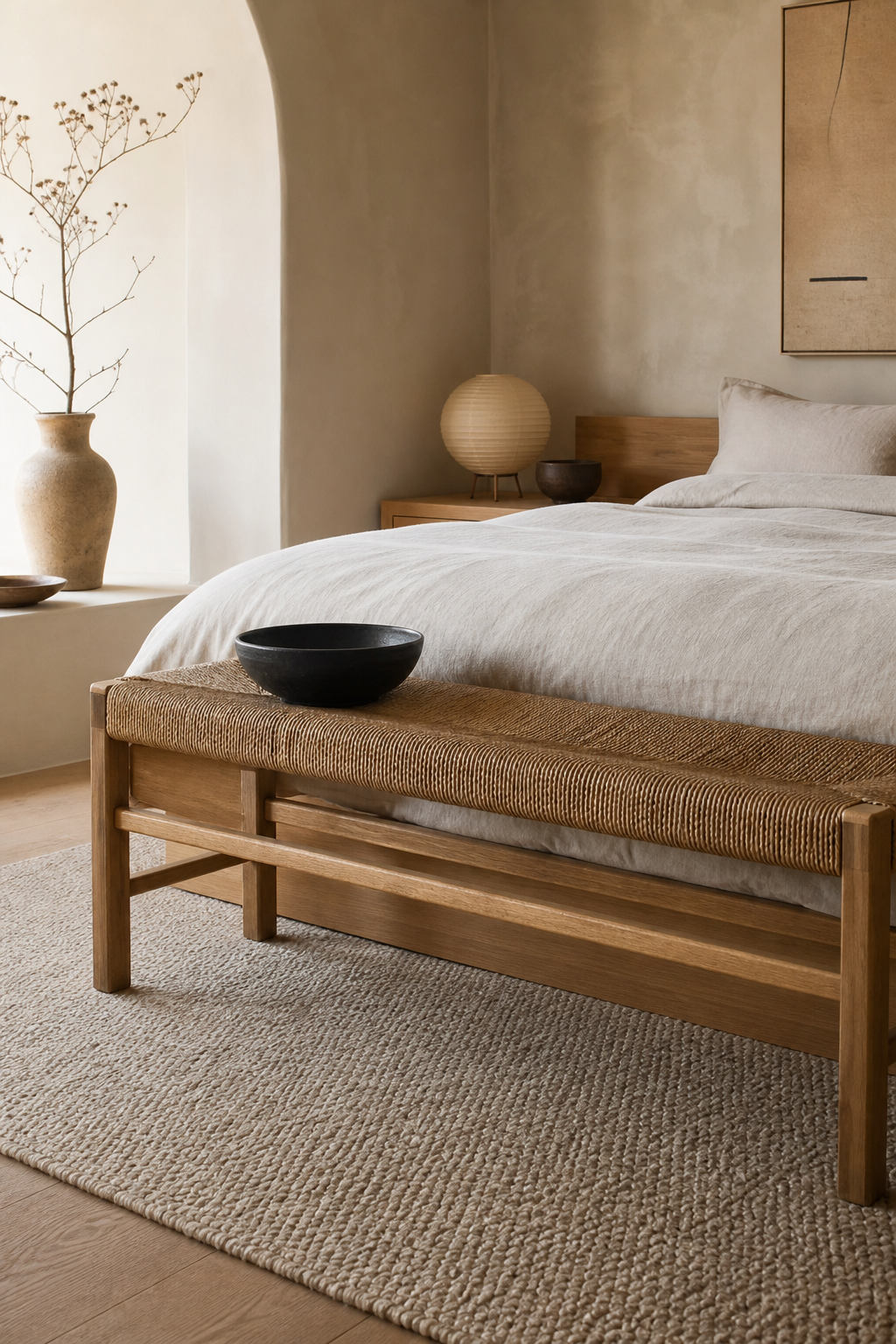 Japandi bedroom with place a Woven Bench at the Foot