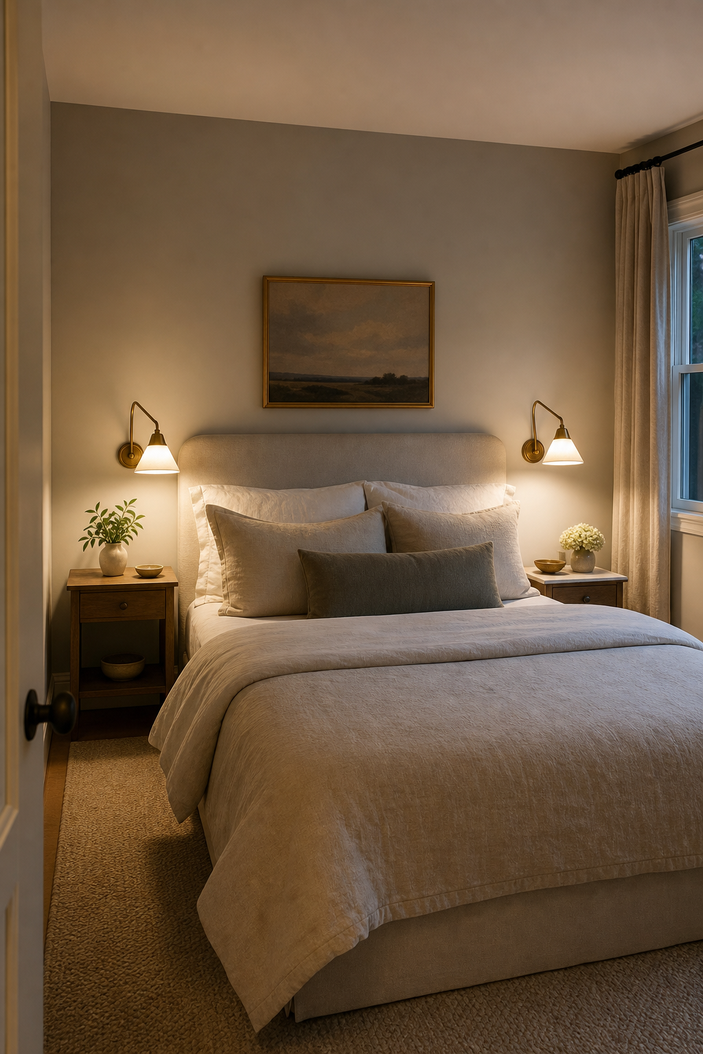 Small bedroom with brass wall sconces freeing tiny bedside tables