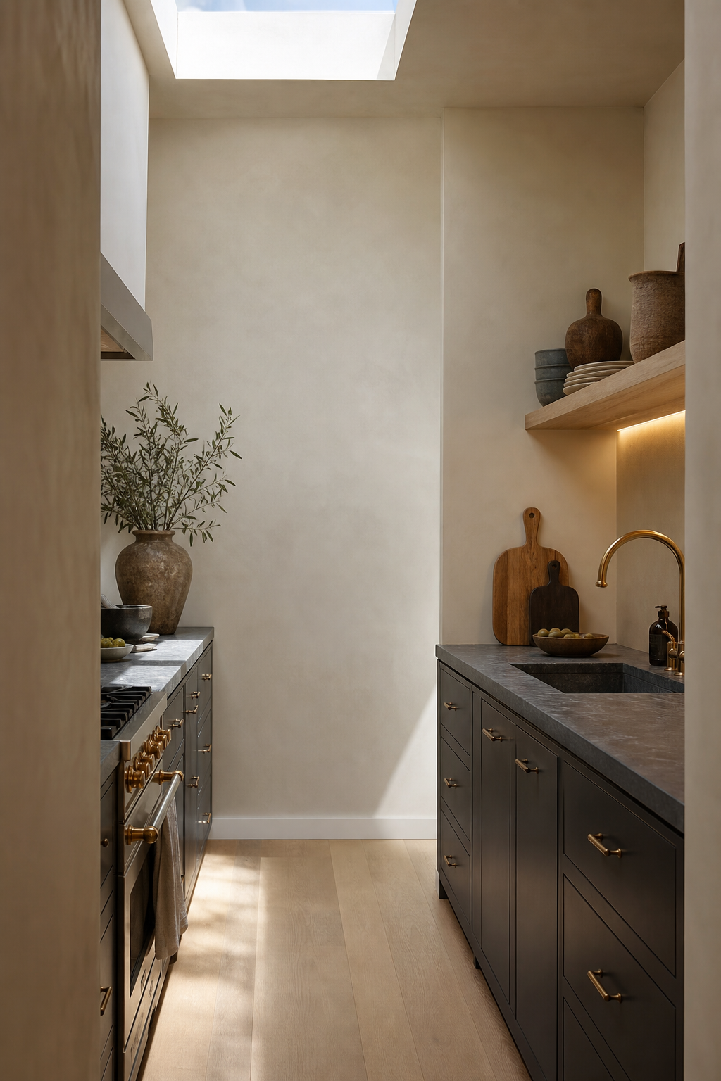 Very small galley kitchen with charcoal cabinets, soapstone counter, brass hardware, and warm lighting