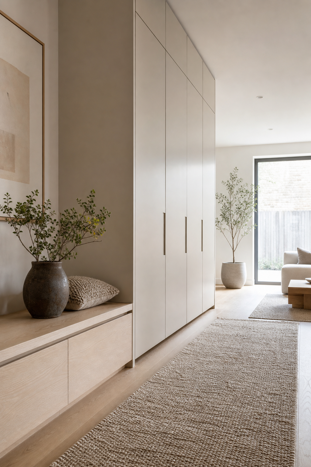 Scandinavian interior with seamless closed storage and pale oak bench