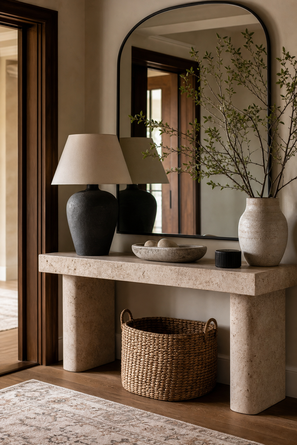 Luxury entryway with travertine console, large mirror, sculptural lamp, wool runner, and elegant functional styling