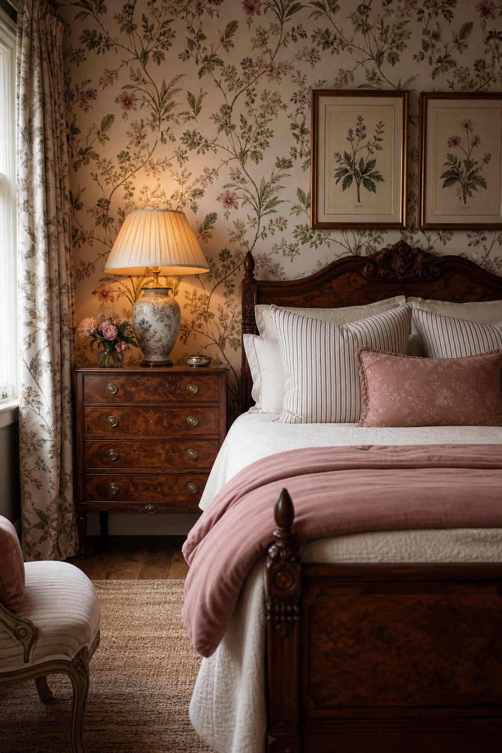 Traditional English bedroom with botanical wallpaper, carved bed, and pleated lamps