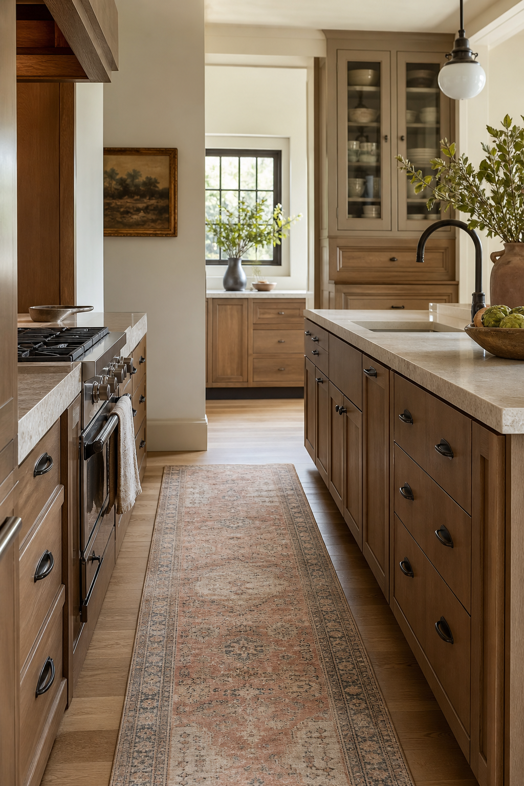 a runner that softens the work zone in a warm functional kitchen