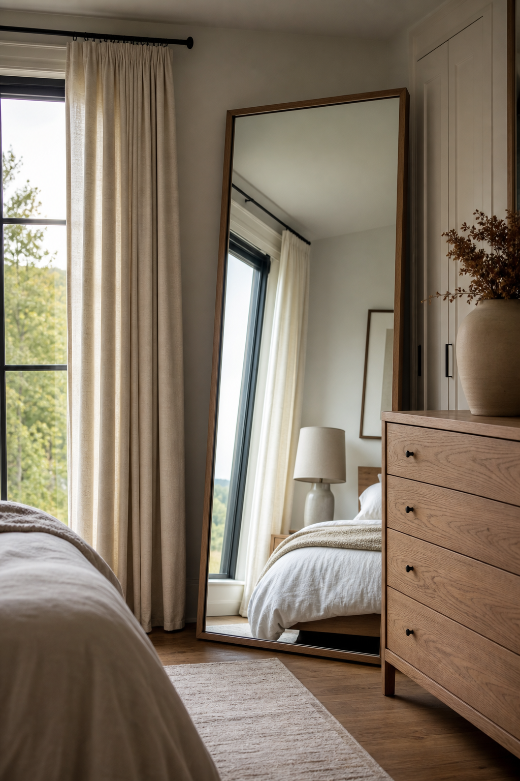 Personal bedroom with tall mirror beside wardrobe and dresser for a dressing routine