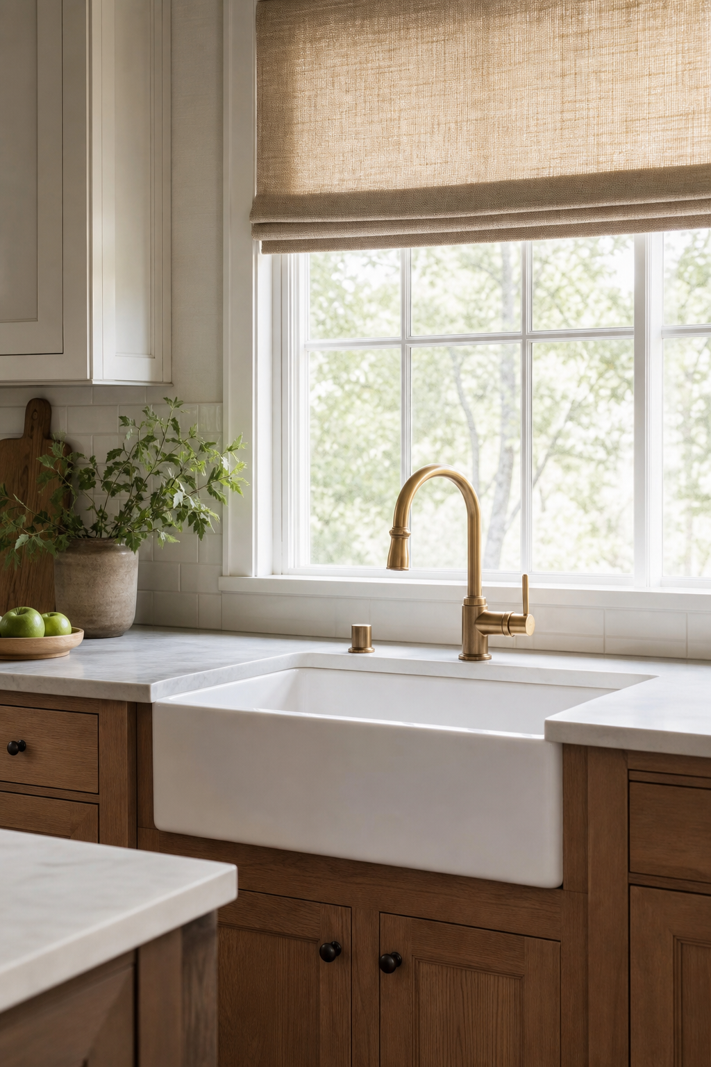 Apron-front farmhouse sink under a kitchen window