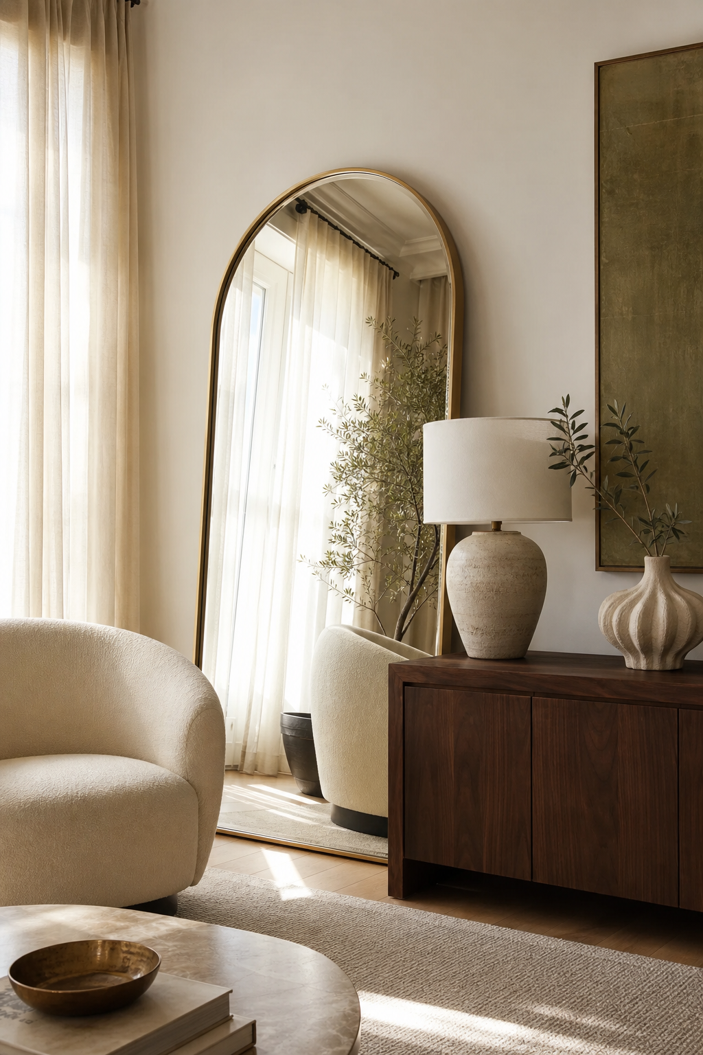 Tall arched mirror reflecting light in a modern room