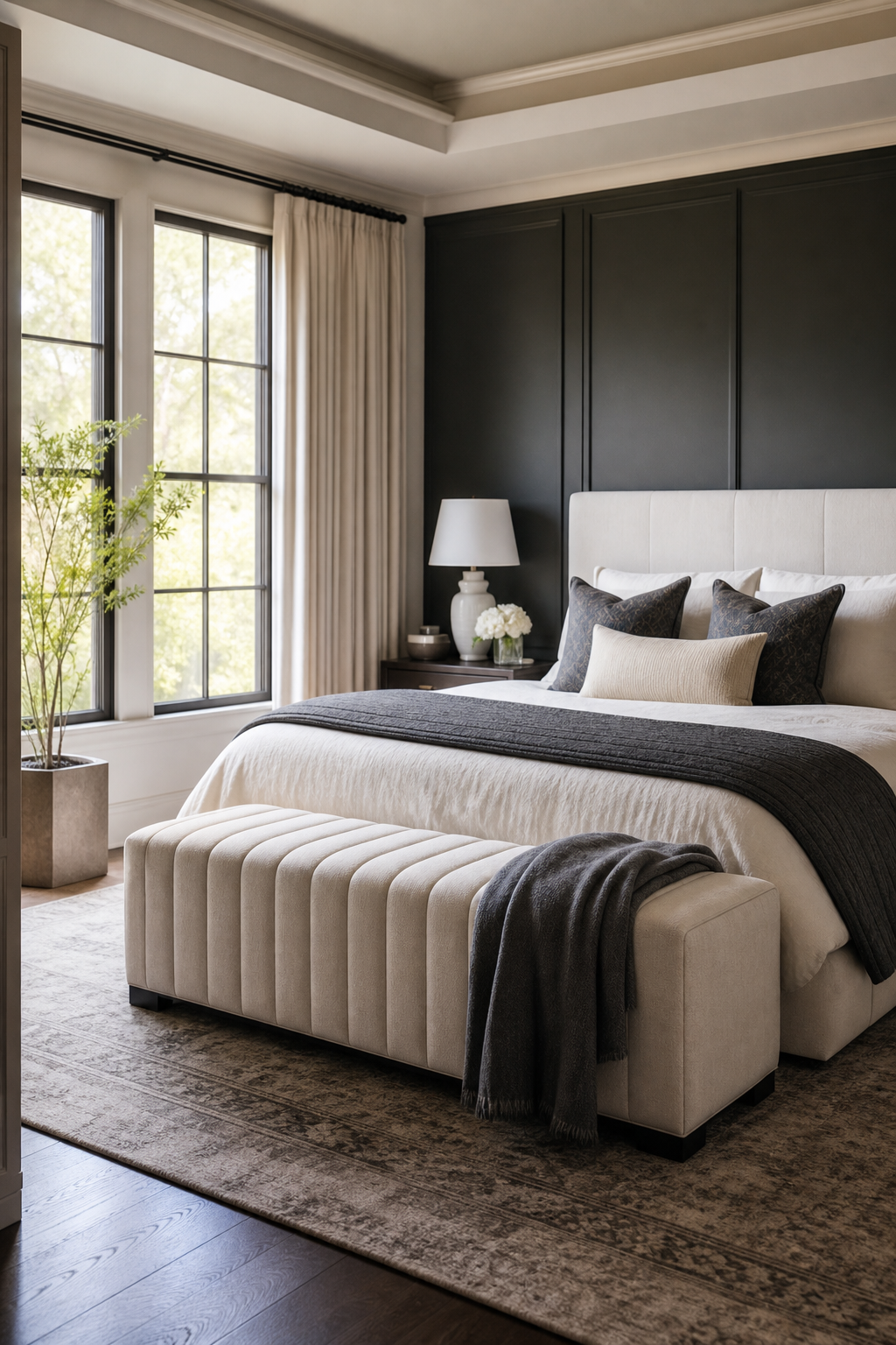 Tailored upholstered bench at the foot of a modern layered bed