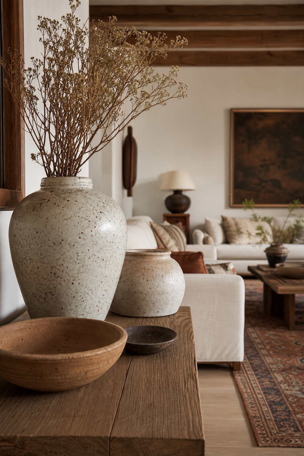 Handmade ceramic vessels styled on a wood console in a boho living room