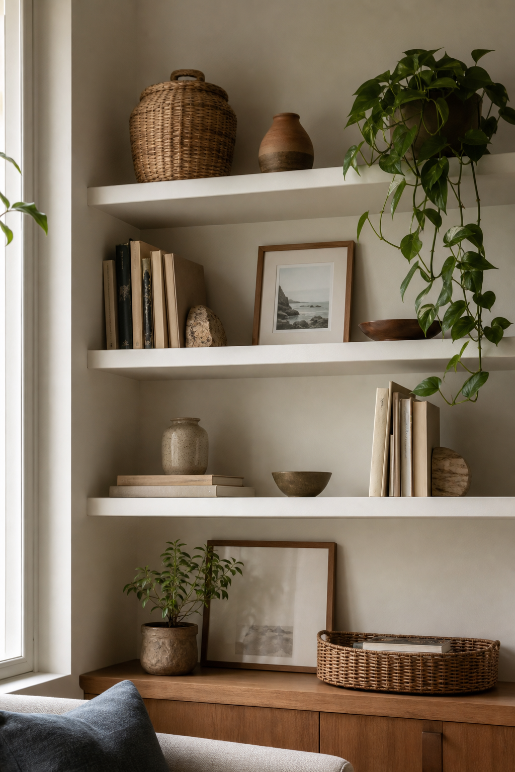 Styled apartment shelves with books ceramics baskets and plant