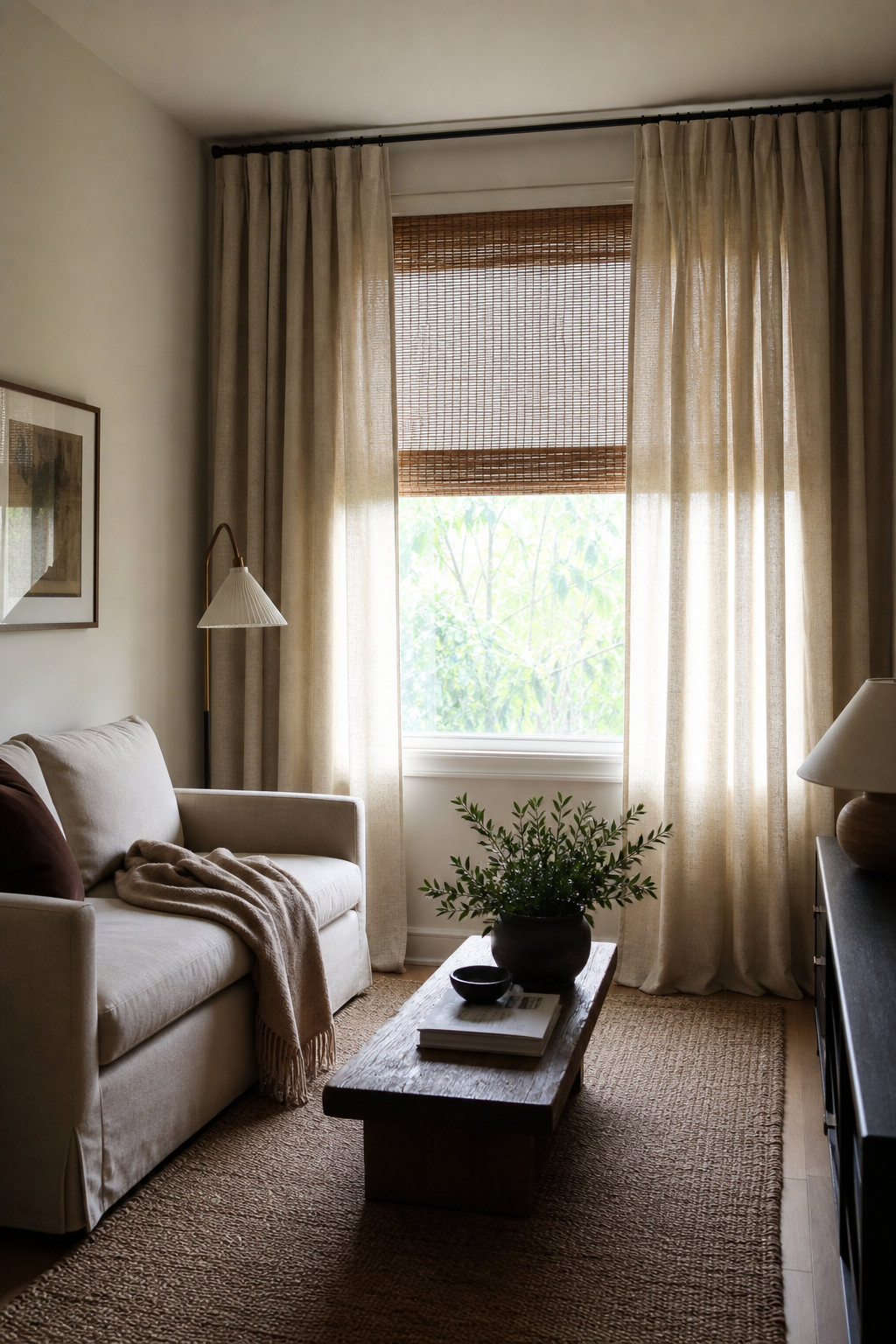 Small living room with floor length linen curtains