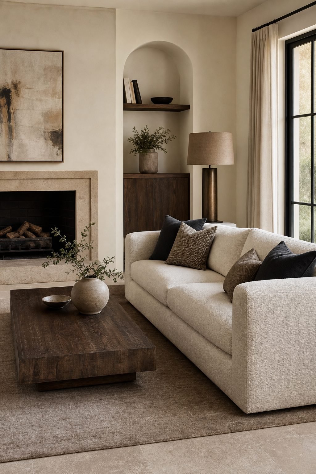 Ivory 3 seater sofa paired with dark walnut furniture in a refined living room