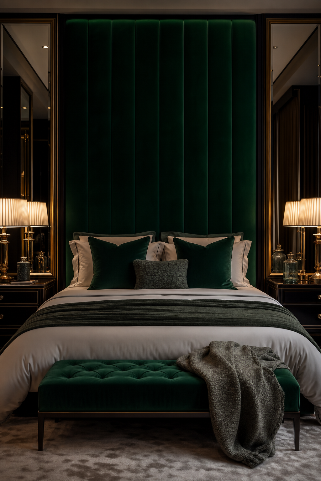 Moody luxe bedroom with emerald headboard wall, velvet pillows, and brass lighting