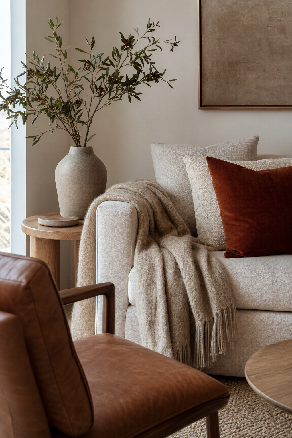 Layered throws and pillows adding warm texture to a small apartment seating area