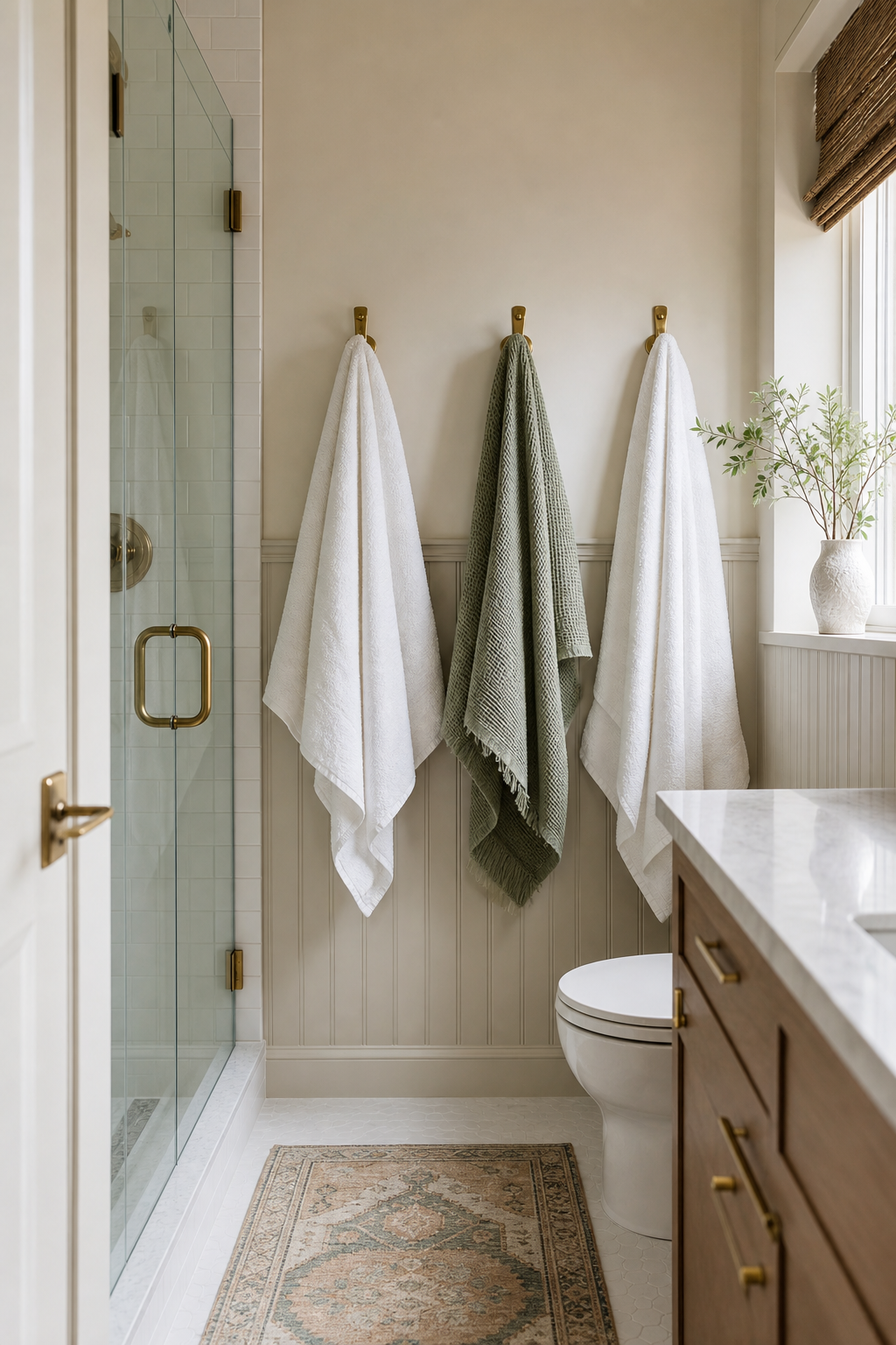 Small full bathroom idea with add wall hooks instead of a bulky towel bar