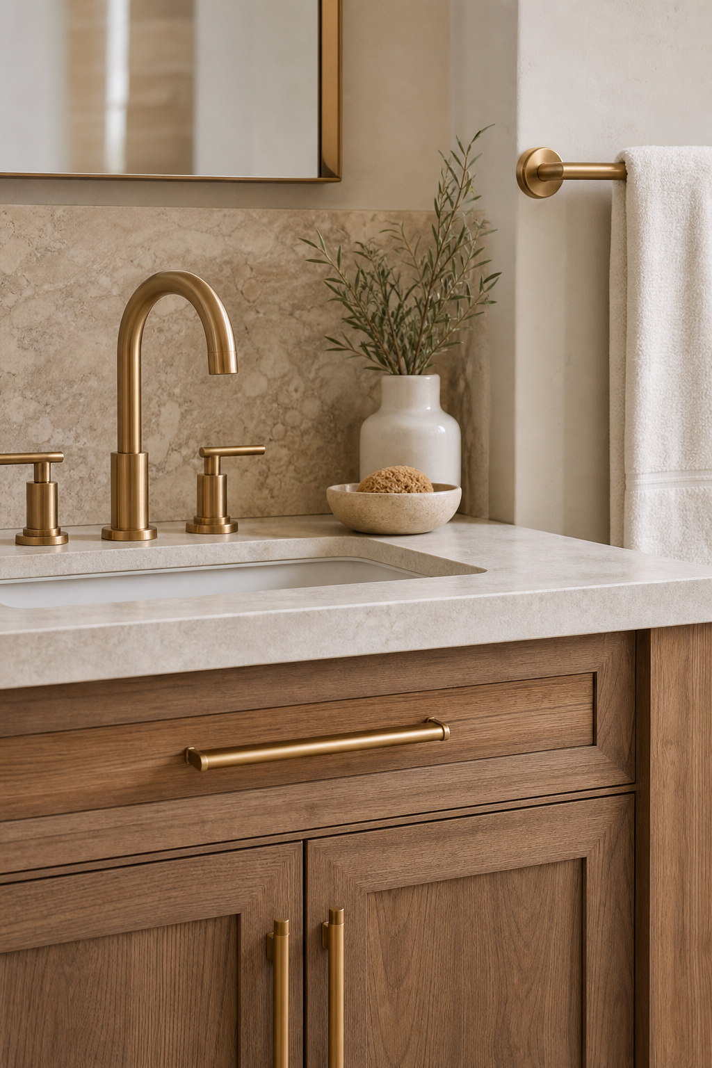 Brushed warm metal fixtures paired with stone and wood in a modern bathroom