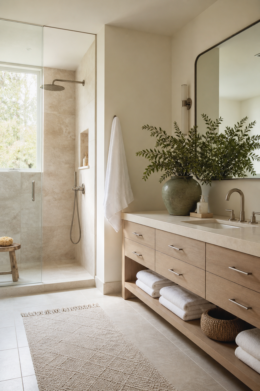 Neutral spa bathroom palette with pale oak and sage accents