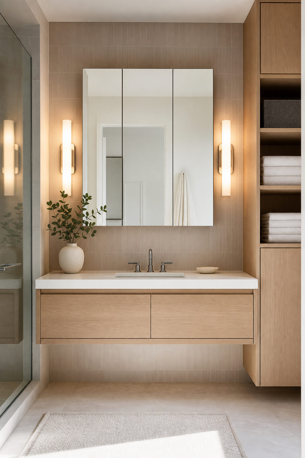 Modern bathroom with recessed mirrored cabinet, floating vanity, and clutter-free countertop