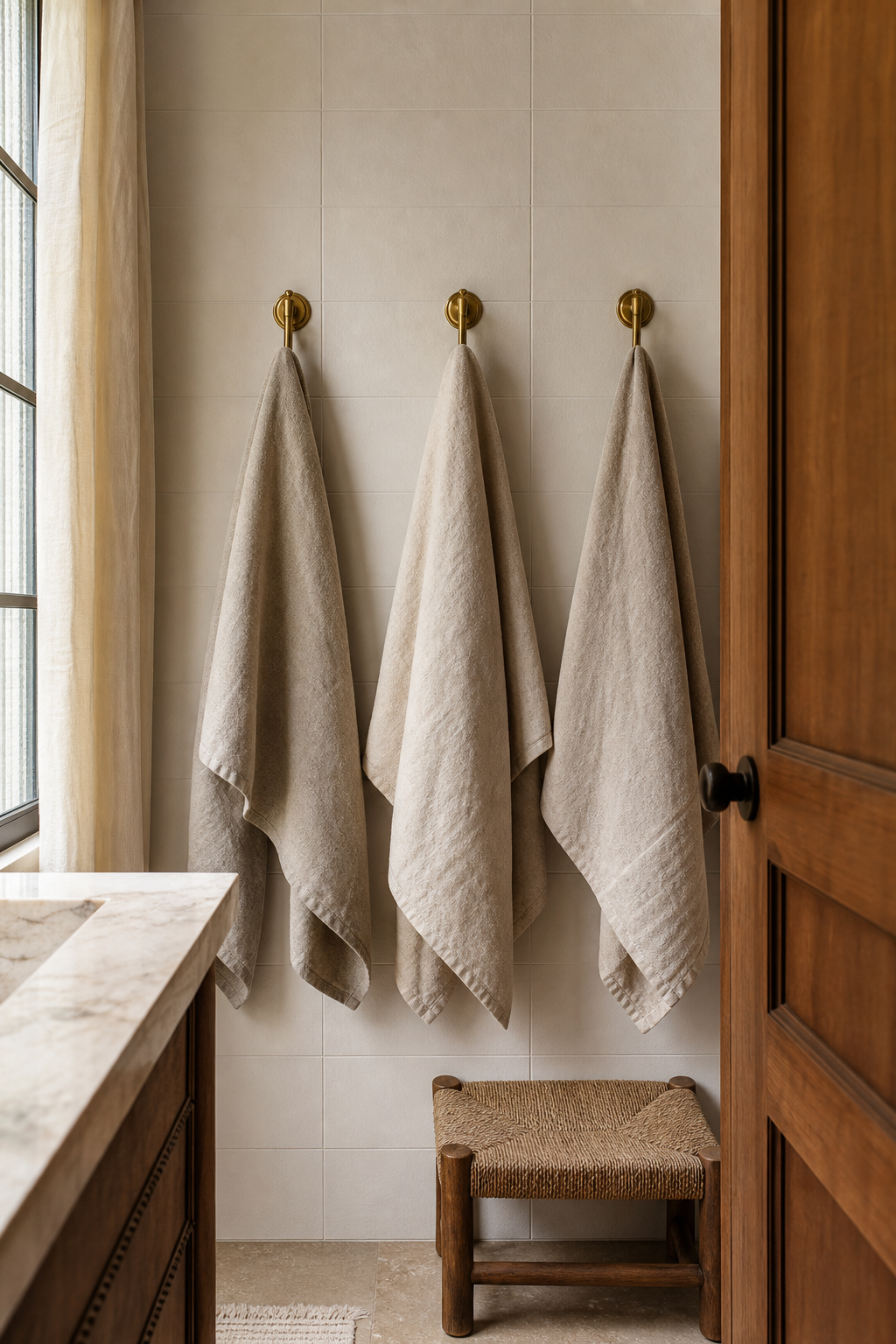 Small bathroom wall with brass towel hooks and linen towels