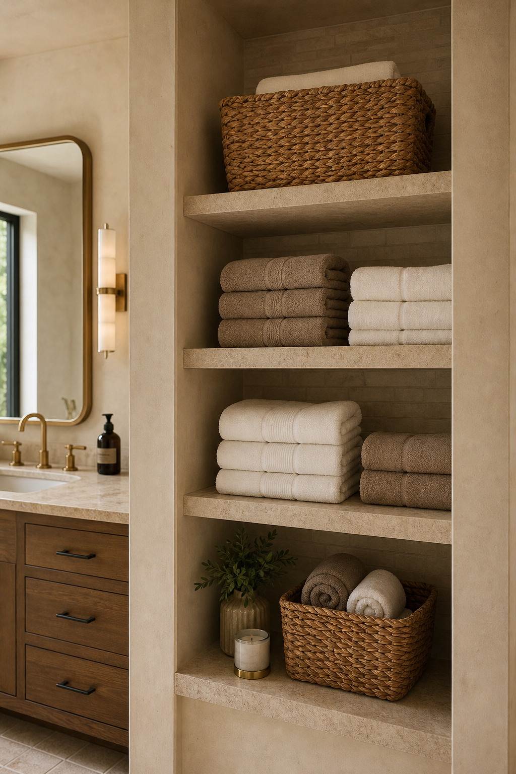 Built-in linen niche with folded towels