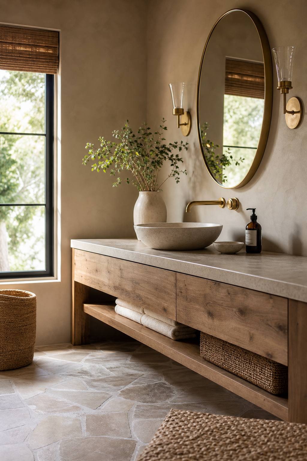 try a warm wood vanity in a cozy spa-like bathroom