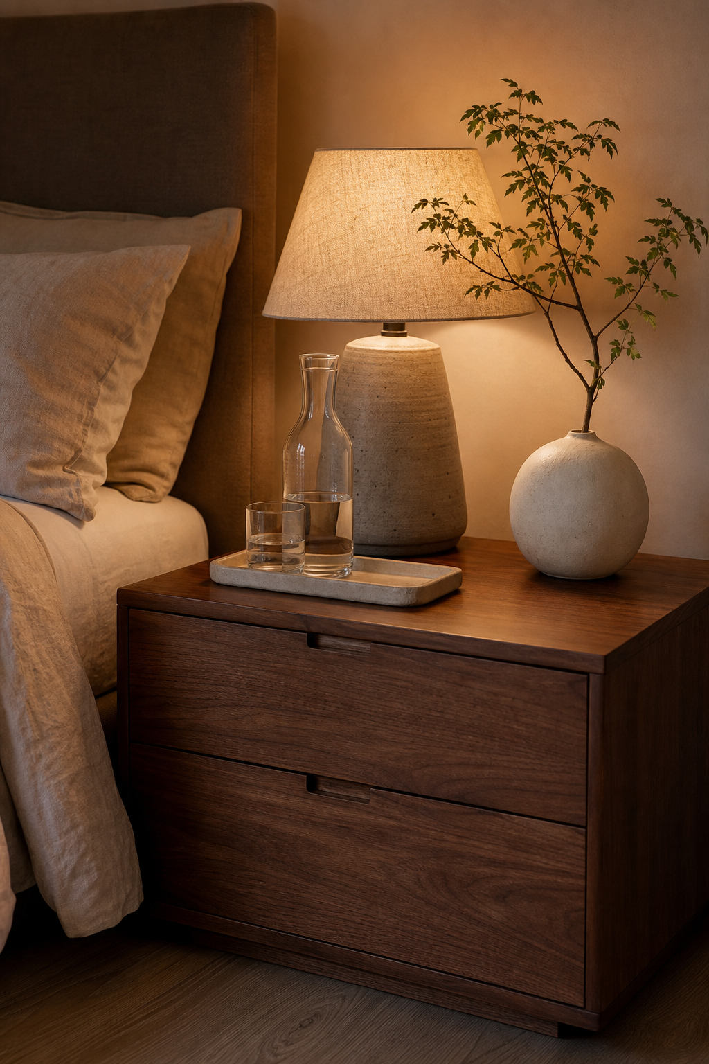 Restrained cozy bedside table with warm lamp and ceramic accents