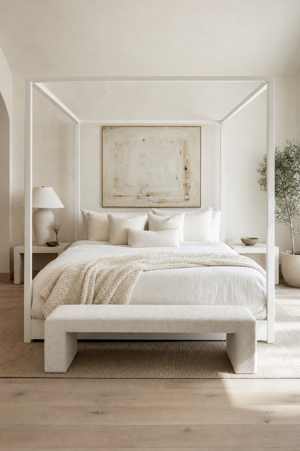 Minimal white canopy bed in a serene modern bedroom