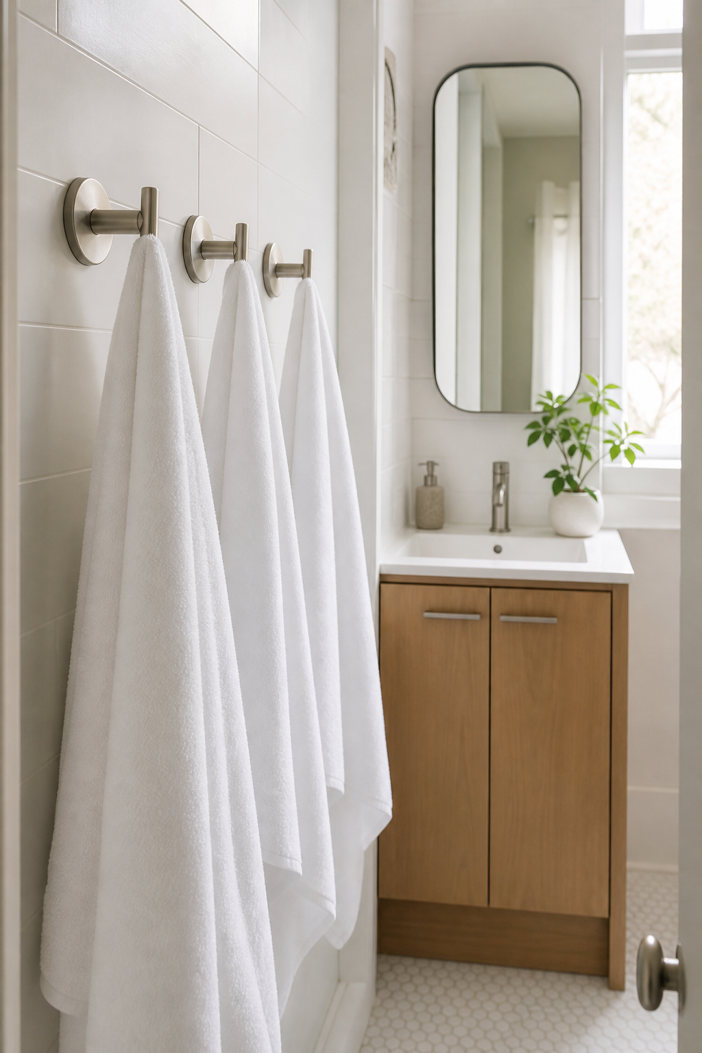Towel hooks saving wall space in a tiny bathroom