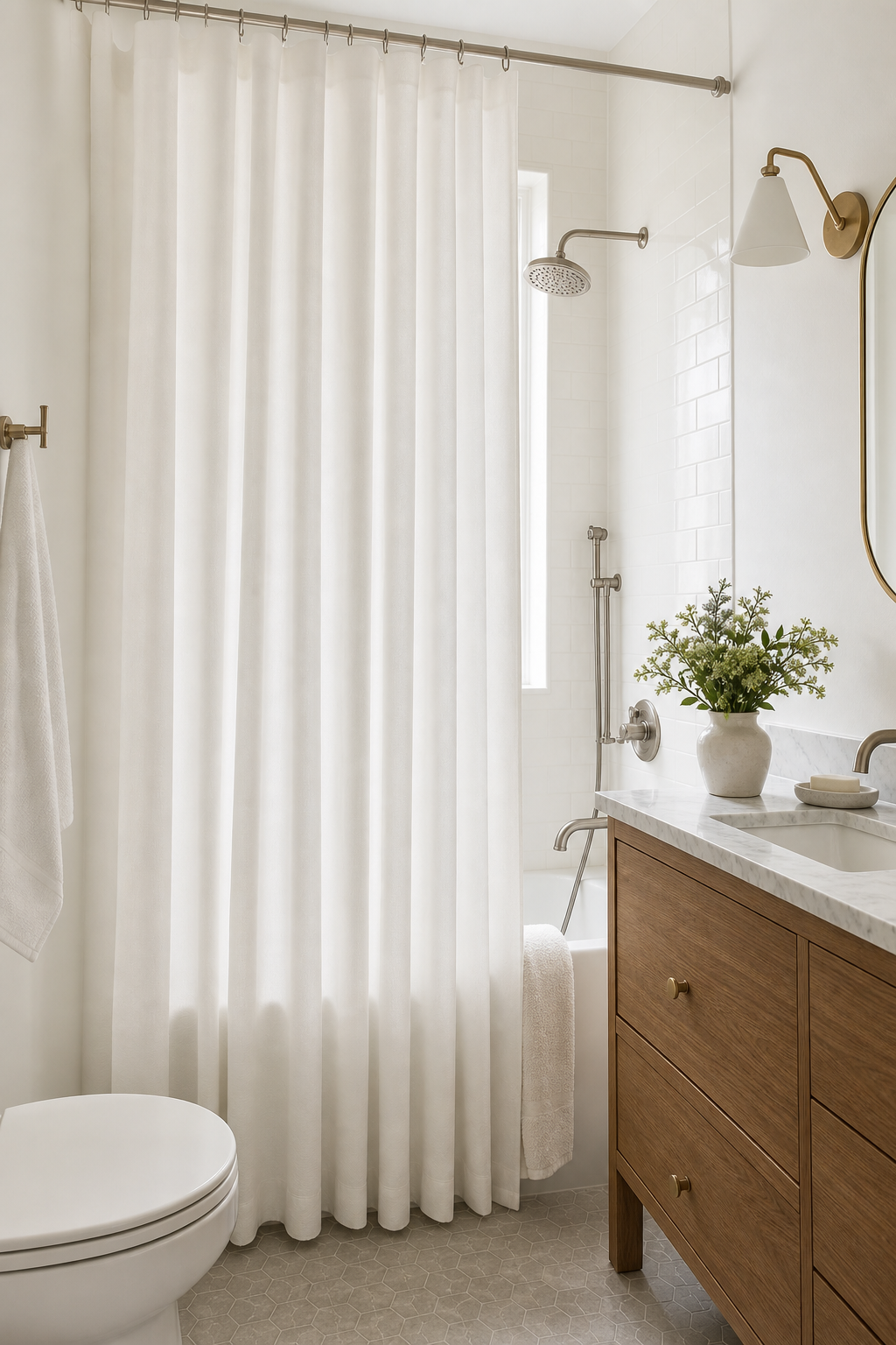 Small bathroom interior idea with create a shower curtain that looks tailored