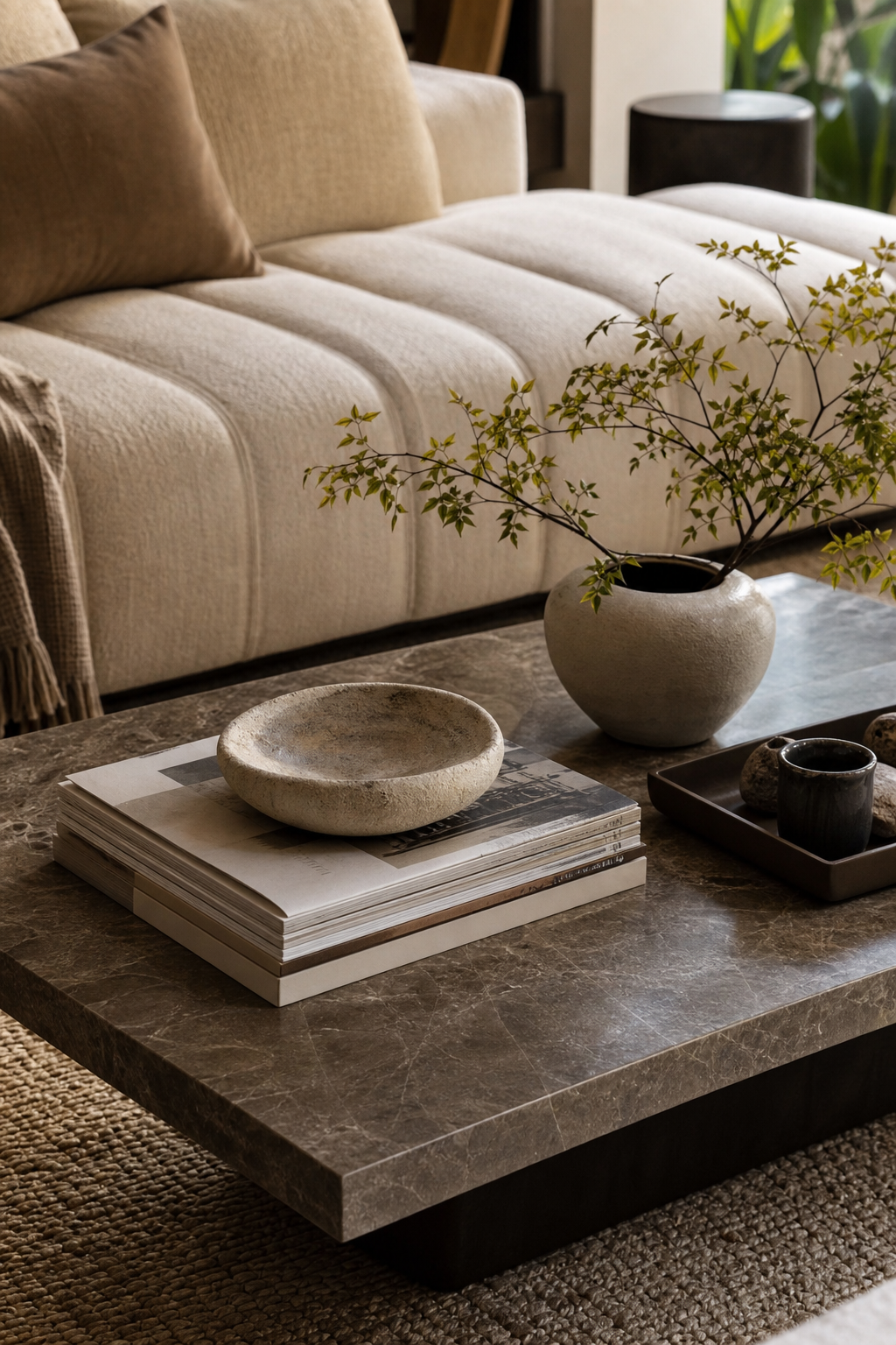 Cozy living room coffee table styled with books and ceramic decor