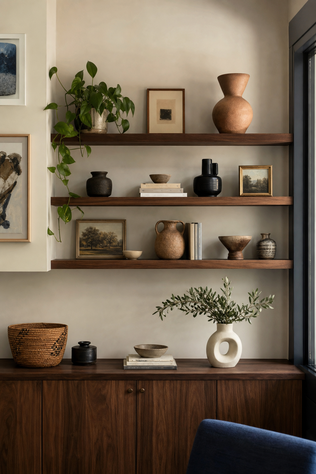Collected open shelves with ceramics and art