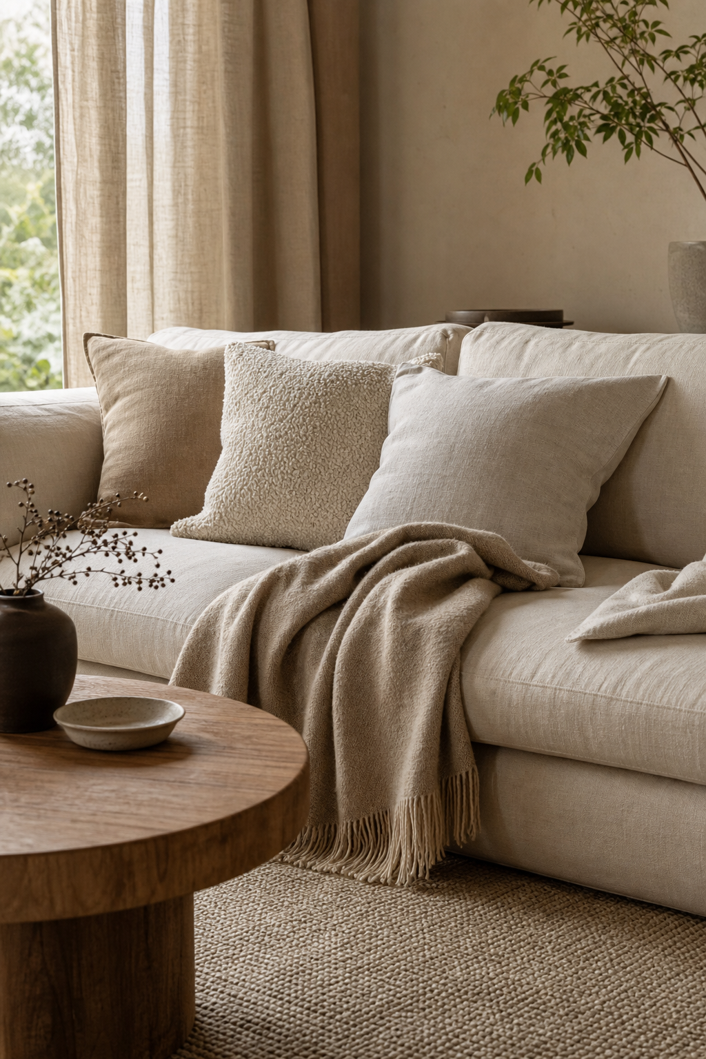 Japandi living room with linen pillows wool throw and boucle texture