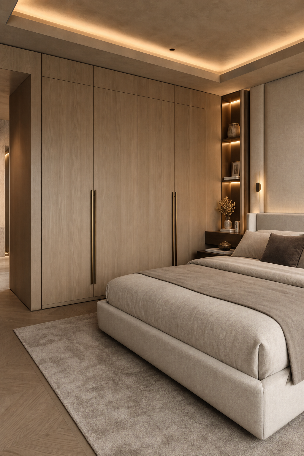 Luxury bedroom with built in wardrobe wall and warm oak storage