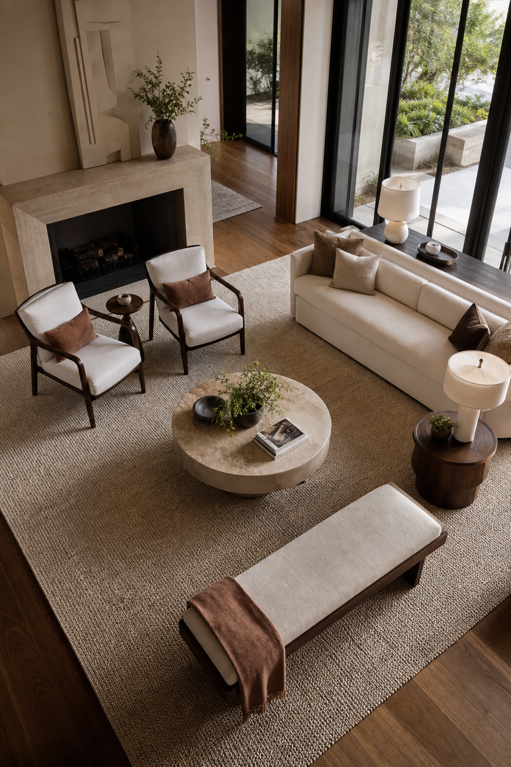 Contemporary living room with four-seat conversation layout and layered lighting