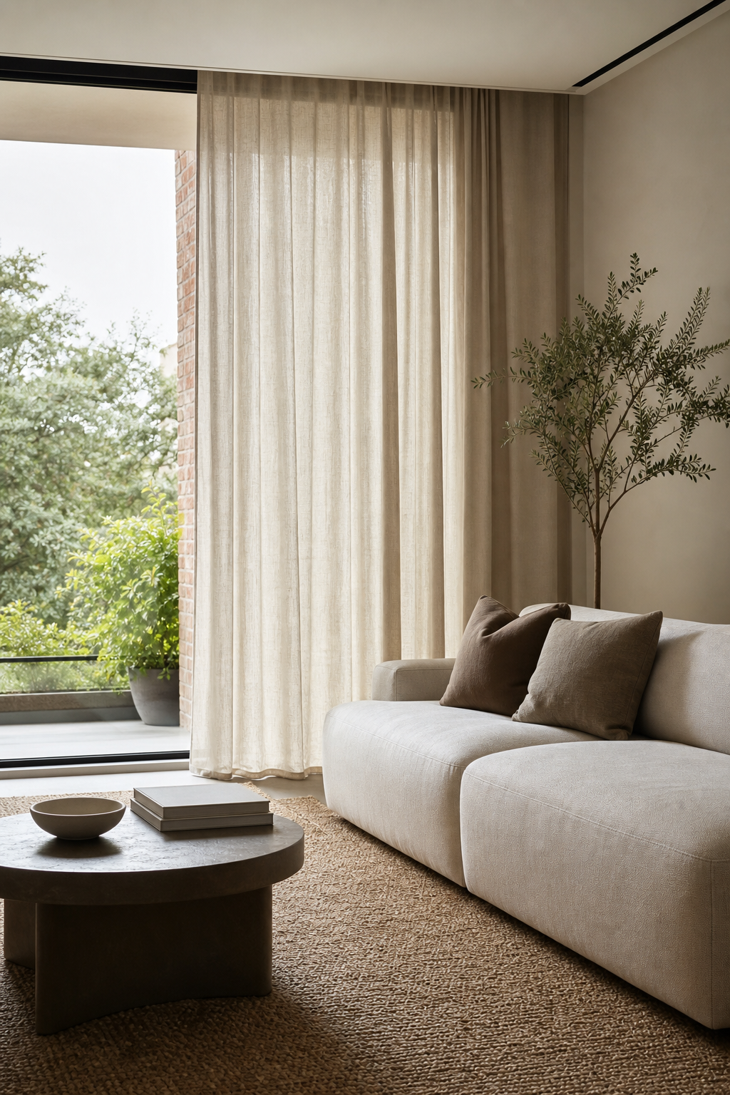 use linen curtains from ceiling to floor in a cozy minimalist living room
