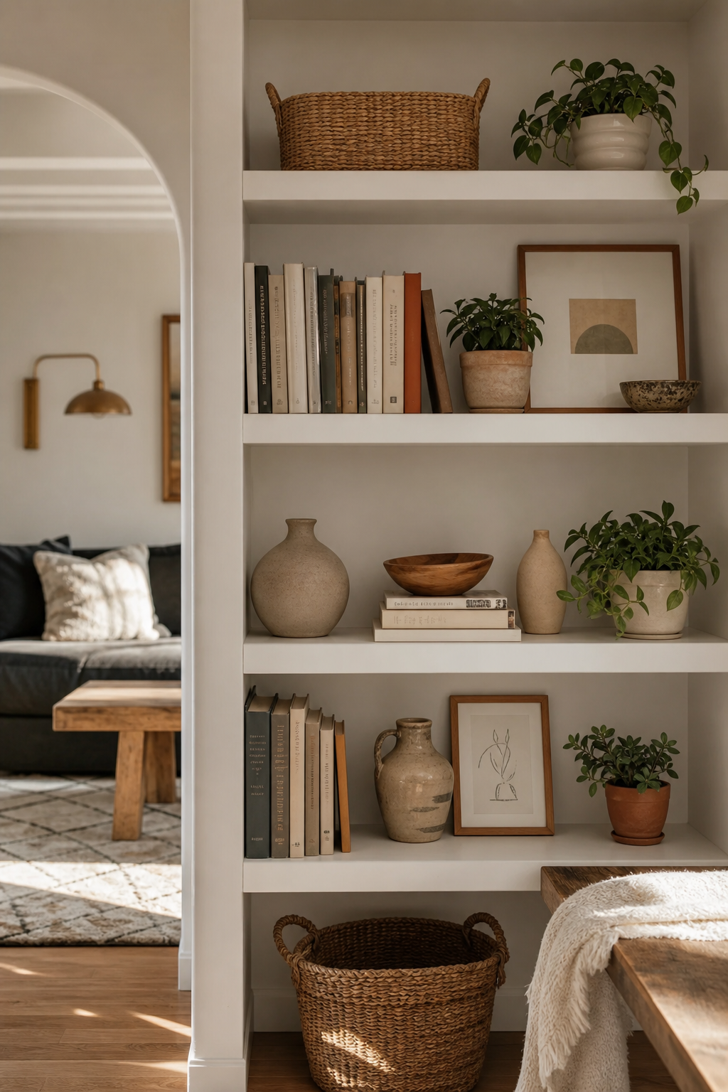 Warm apartment aesthetic idea with style open shelves with breathing room