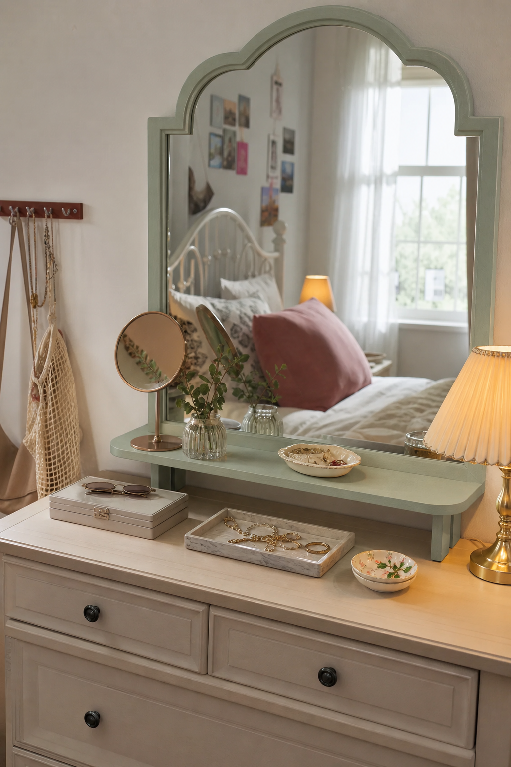 Teen room mirror vanity moment with tray and small shelf