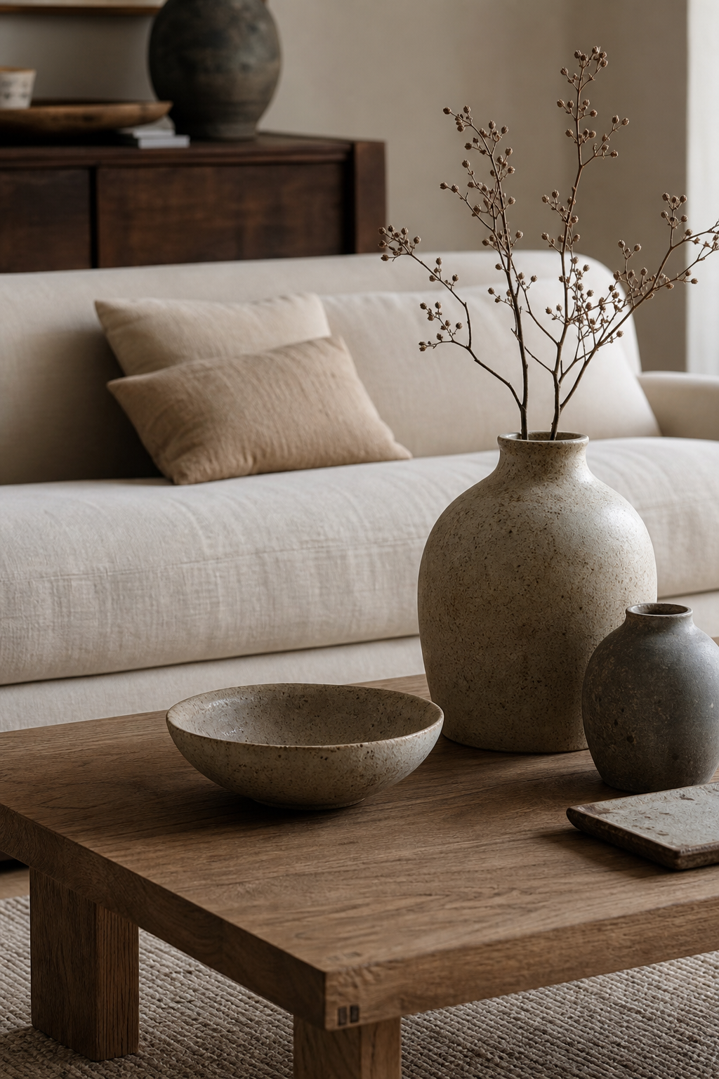 Japandi coffee table styled with handmade ceramics