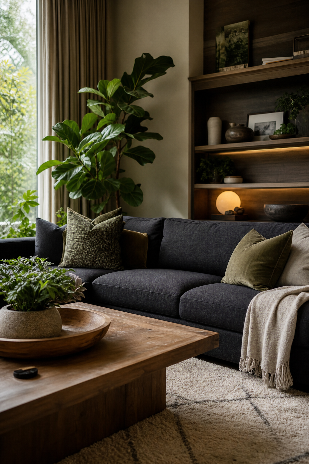 Dark grey couch styling idea with bring in olive green for depth
