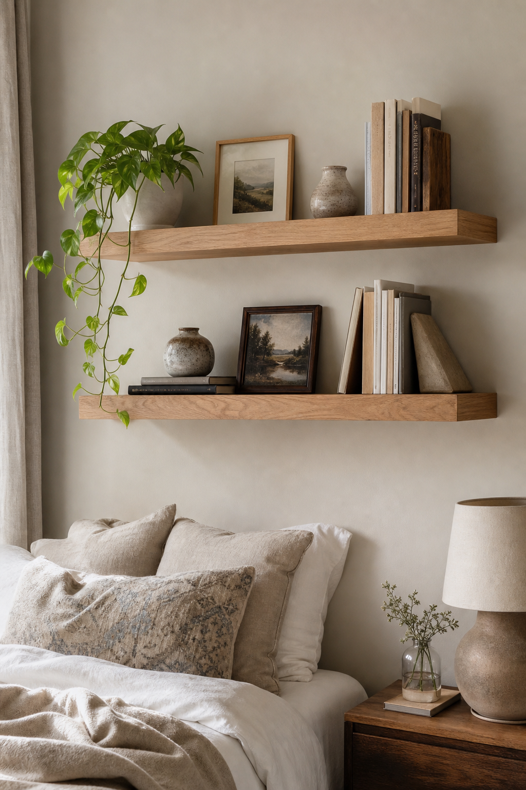 Floating shelves styled with books, framed art, ceramics, and a trailing plant