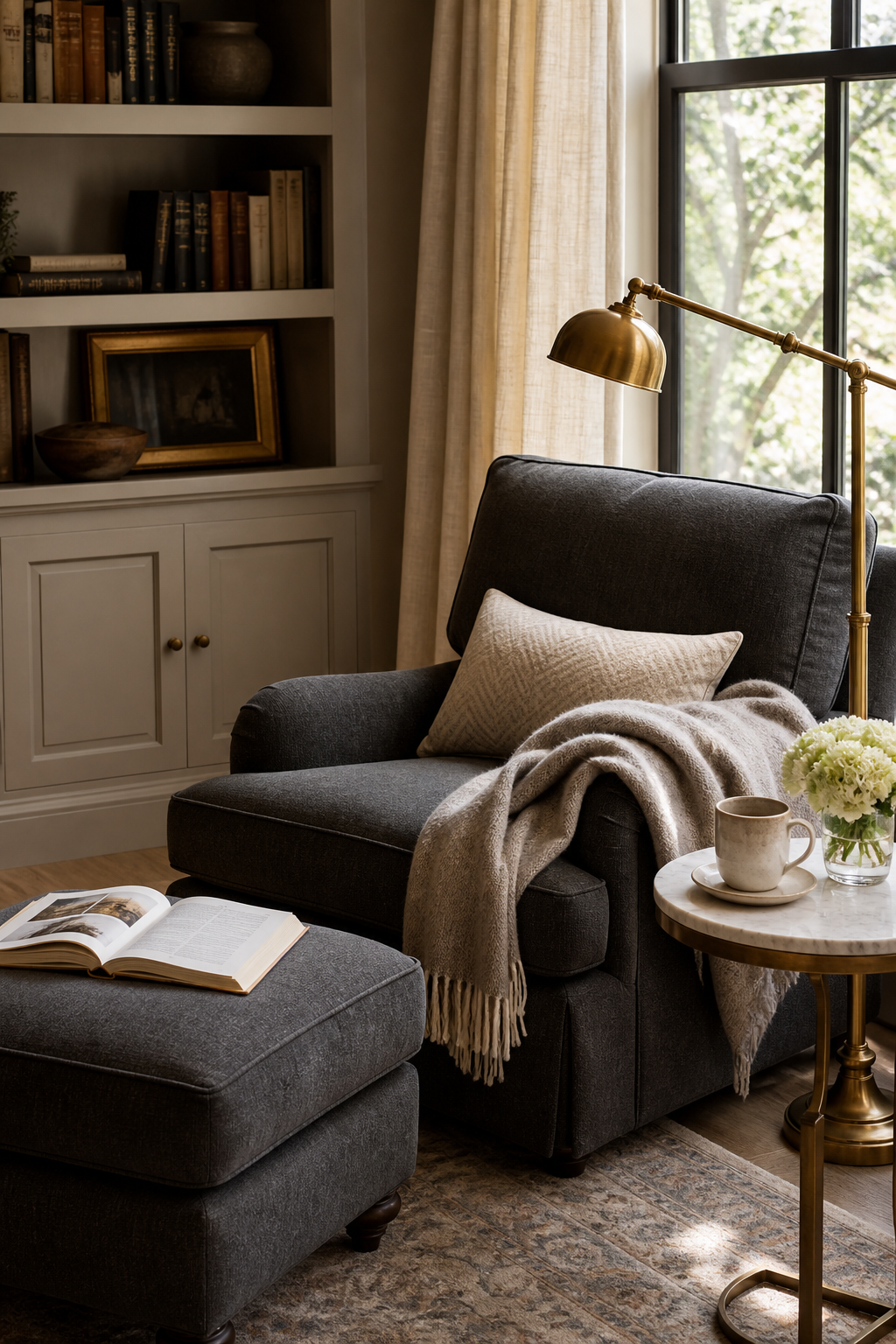 Cozy reading corner with deep armchair, ottoman, brass lamp, and wool throw
