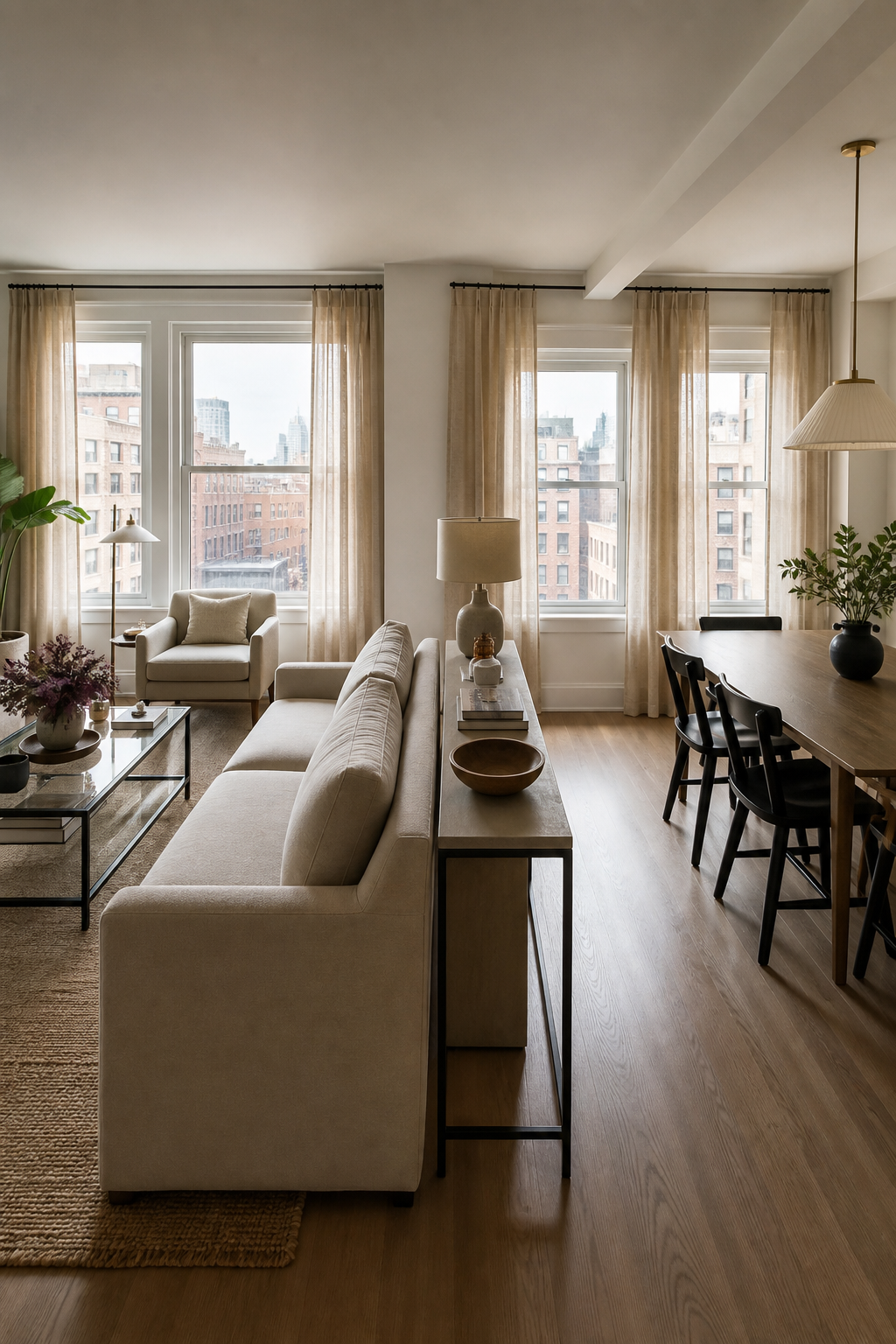 Open plan apartment with sofa floated to divide the living zone