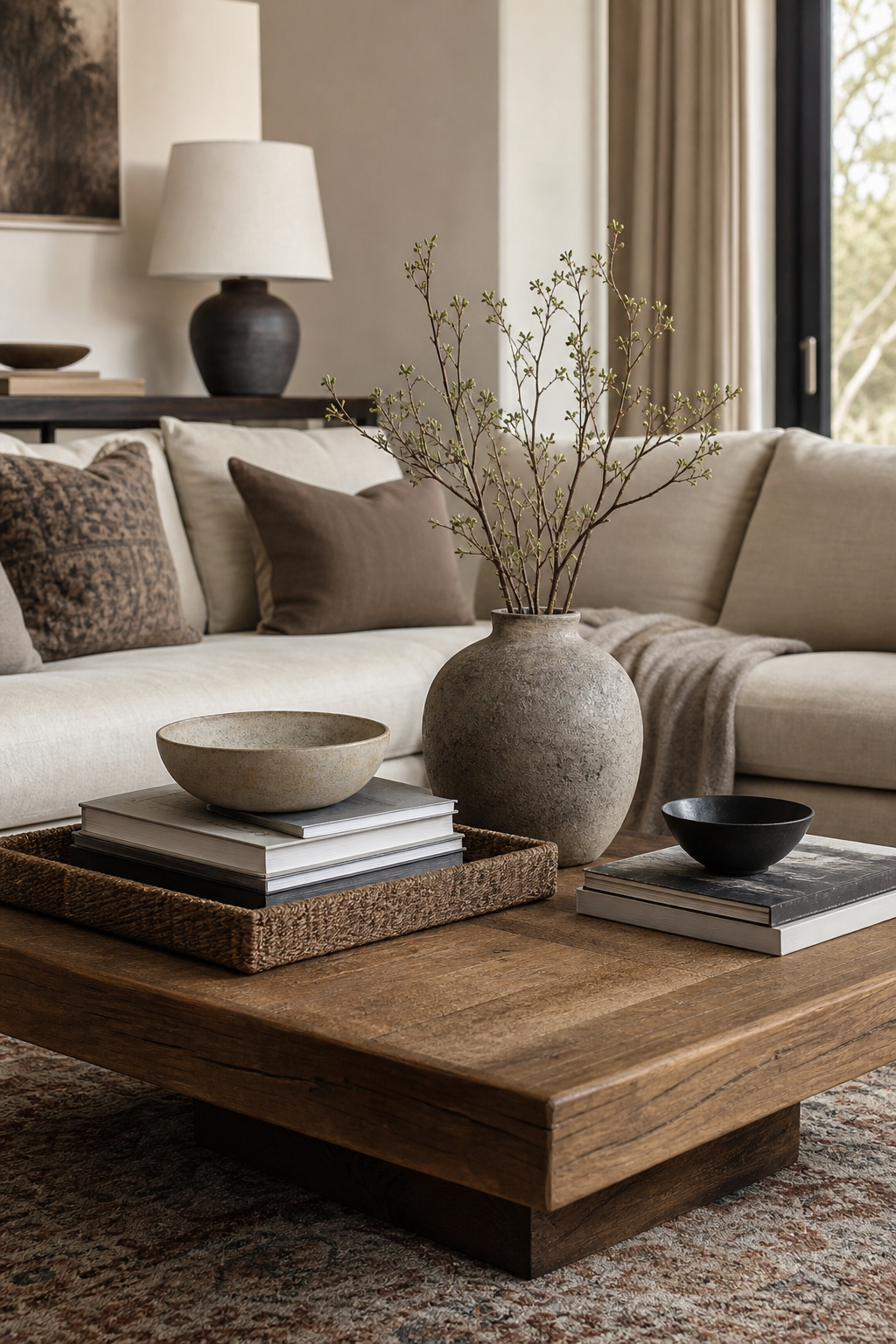 Designer coffee table styling in cozy living room, tray, art books without readable text, ceramic bowl, branch vase, linen sofa, warm rug