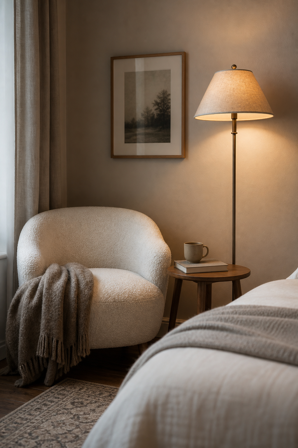 Cozy bedroom reading corner with boucle chair and floor lamp