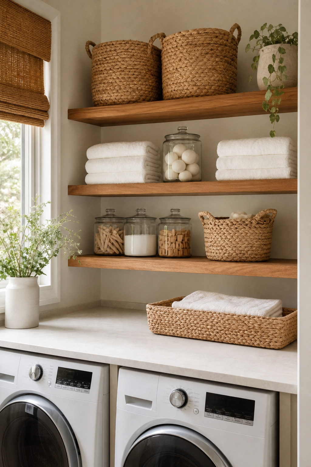 Laundry room open shelves organized with woven baskets
