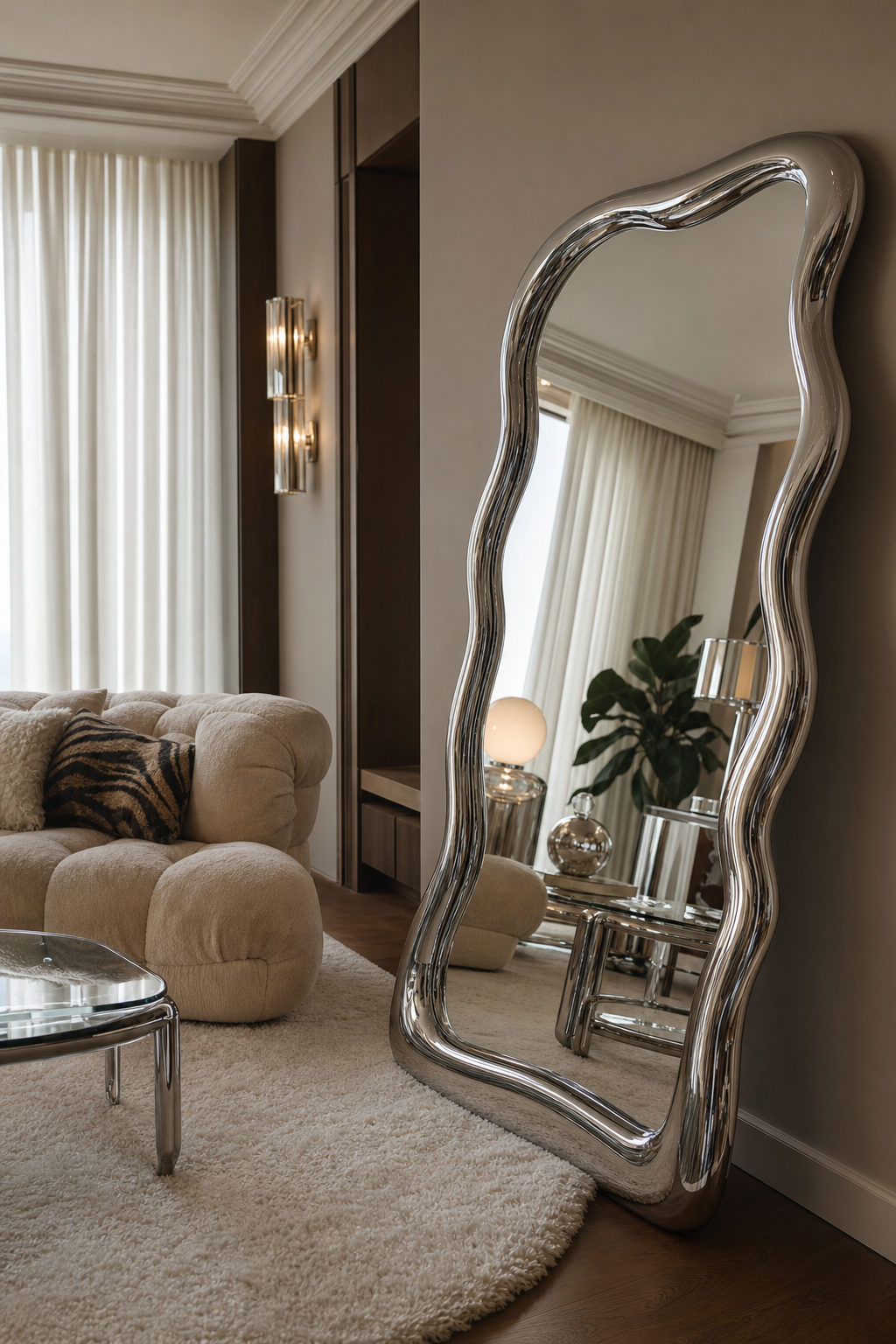 choose a wavy mirror in a cozy Y2K living room