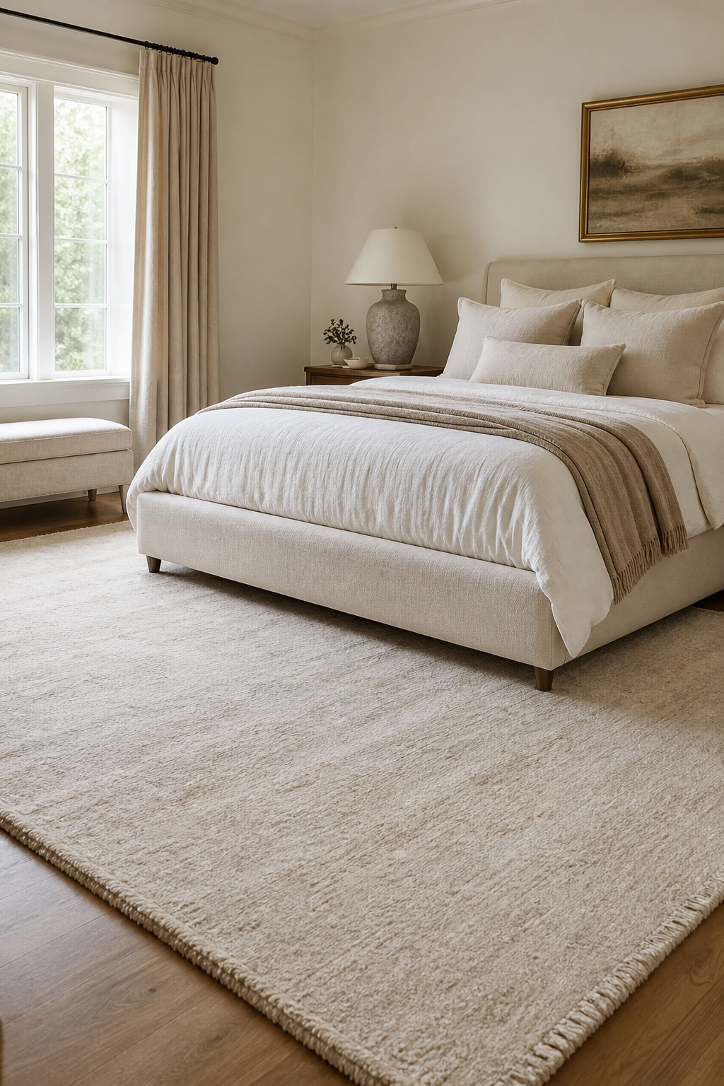 Generous pale wool rug grounding a simple bedroom layout